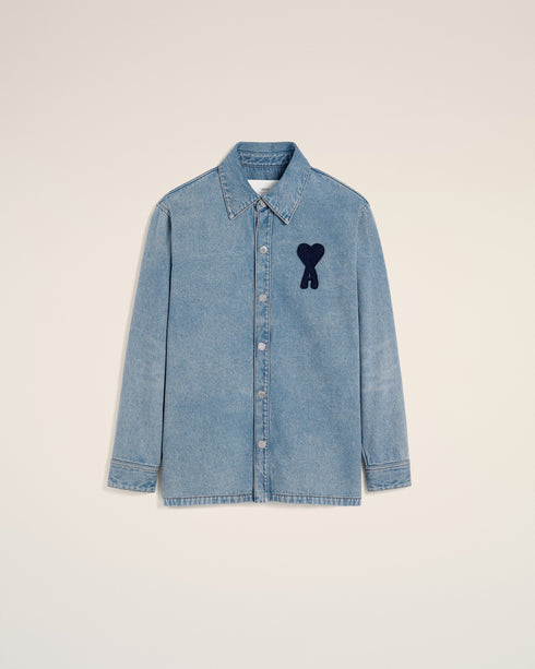 AMI PARIS Blue Cotton Ami de Coeur Overshirt Mens Apparel